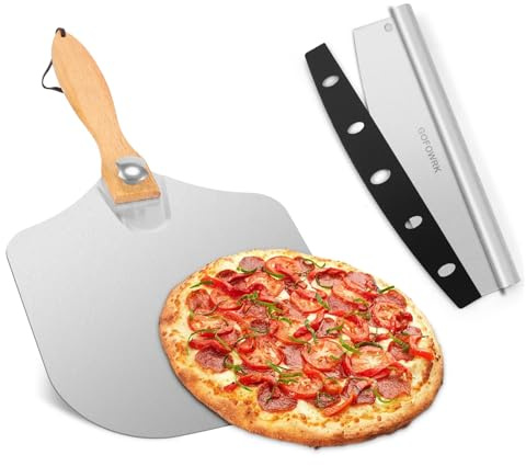 GOFOWRK Aluminium Pizza Peel and Rocker Cutter, Pizza Spatula for Oven with Foldable Wood Handle, Non-Stick Pizza Peel – Slides Easily Under the Pizza for Baking Homemade Pizza (30.5 x 35.5 cm)