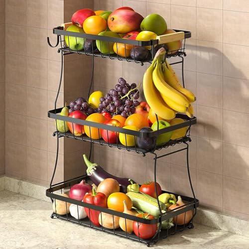 Fournine 3 Tier Fruit Bowl Basket with 2 Banana Hanger, 2025 Pro Detachable Kitchen Countertop Organizer for Fruits, Vegetables, Snacks, Metal Vegetable Storage Rack with Banana Holder, Black