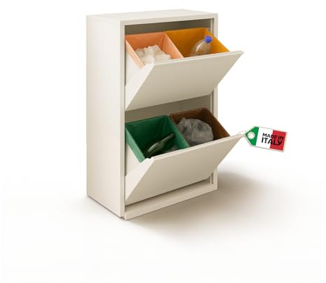 MOHOME Pattumiera Differenziata 4 Scomparti in Metallo Bianca 60 x 92 x 25 cm Salvaspazio Interno Cucina Design Minimal Bidone Rifiuti Capienza 64 Litri Raccolta Differenziata Made in Italy