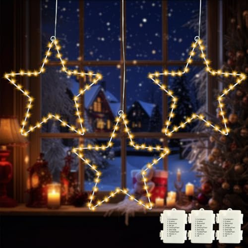 MOLVCE LED-julstjärnbelysning, 3 stycken, 45 varmvita LED-lampor, julstjärna, julbelysning med 8 lägen och timer, LED-stjärnlampor, batteridrivna för juldekoration