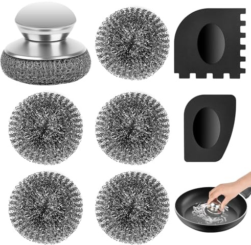 XCRPRT Stahlschwamm Topfreiniger, Topfreiniger mit 2 Schabern, Topfreiniger Edelstahl Drahtwaschl, Stahlwolle, mit 5 Stahlwoll-Pads für Geschirr, Pfannen, Grills, Herde
