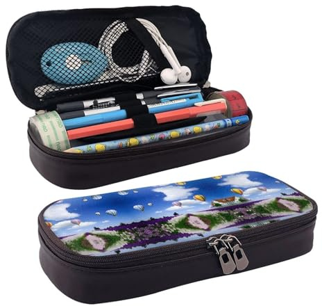 Lavender Hot Air Balloon Premium Leather Flip Pencil Case – Stylish Brown Leather Pencil Bag with Zipper Closure, Multi-Purpose for School, Office, Travel & Cosmetics