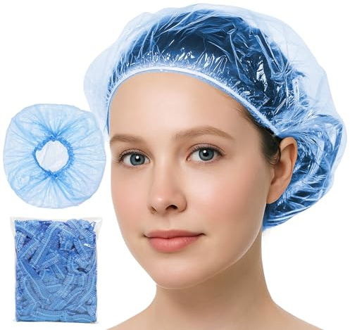 Lot de 100 bonnets de douche jetables, imperméables, multi-usages en plastique épais et élastique pour femme, usage domestique, salon de coiffure, spa, voyage, hôtel, douche (bleu)