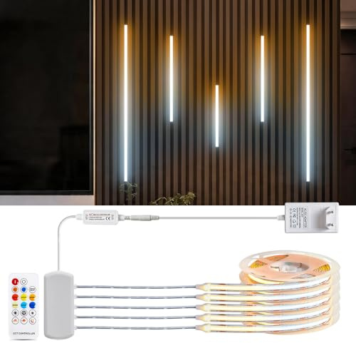 LRGBST 24V 10M CCT COB LED-Streifen mit Fernbedienung Kit, 5 Rollen x 2M 2700K Warm Weiß-6500K Weiße COB Streifen für Schrank Showcase Akustikpanele Beleuchtung