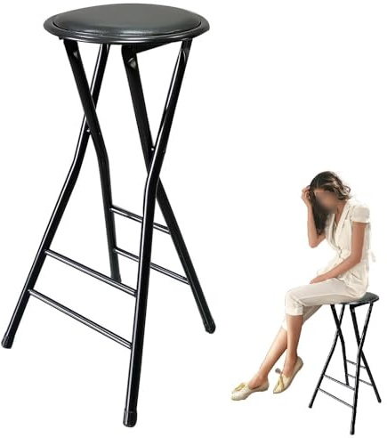 OPOLDBDMAC Sgabello Pieghevole da Casa Senza Schienale, Sgabello Alto 60 70cm Sgabelli da Bar per Cucina, Sgabello da Banco Imbottito Portatile, Sedia da Pranzo(Black,70cm/28in)