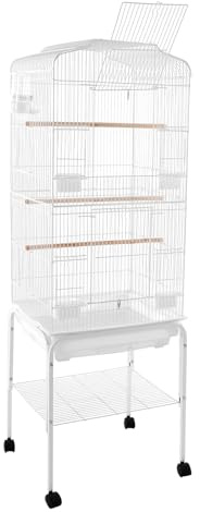 Vogelkäfig groß, Papageienkäfig mit Ständer, Voliere auf Rollen, Käfig aus Eisen 137.5 cm Höhe, mit Ablage, Gitterabstand 1.3 cm Verkaufspunkte (Weiß)