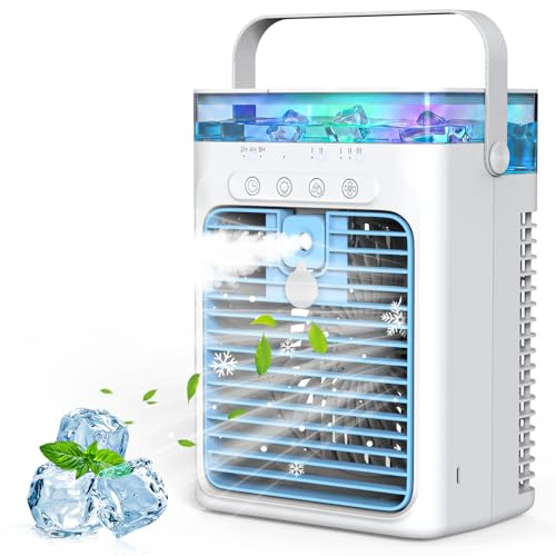 Mobile Klimaanlage ohne Abluftschlauch, 4 in 1 Luftkühler mit Wasserkühlung, 1000ml Wassertank, 3 Geschwindigkeiten, 2 Sprühmodi, 2/4/8 Stunden Timer, USB mobiles Klimagerät für Zimmer Zuhause Büro