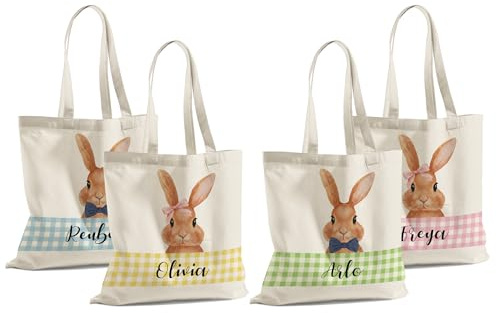 Personalised Easter Bunny Tote Bag with Name Custom Canvas Shopping Bag for Kids Baby Easter Egg Hunt Bag Reusable Gift Tote for Boys Girls Basket Alternative for Chocolates Sweets Treats