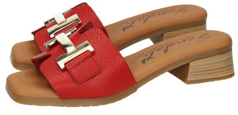 SANDALI M878-H5099 Calzado de Piel Rojo Tipo Pala con tacón bajo, Plantilla Suave y Hecho en España Mujer Rojo 38