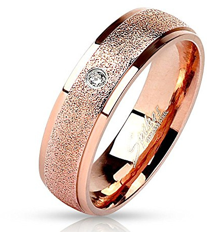 Bungsa Rosegold Ring mit Stein Zirkonia Kristall sandoptik schmal Edelstahl Verlobung für Damen und Herren Größe 49-67 (Ring Fingerring Partnerringe Verlobungsringe Trauringe Damenring Chirurgenstahl