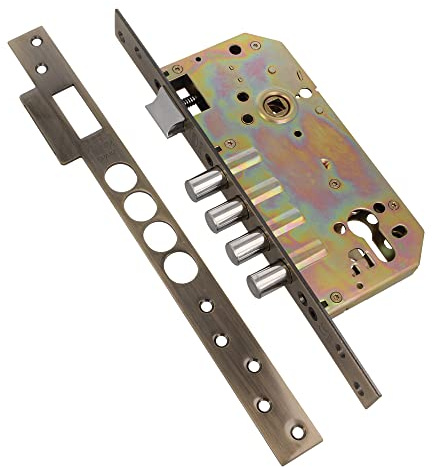 Amig - Serratura da Incasso con Catenacci per Porte in Legno Mod. 100 | 50/85 mm | Con Cilindro ed Escudo di Sicurezza | Scrocco Reversibile | Acciaio Effetto Pelle