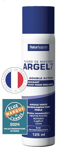 NaturAvignon Argel 7 gel de massage gênes articulaires et contracture musculaire | argile verte, harpagophytum | Creme massage genoux douleur dos | effet cryothérapie et relaxation | Spray 125mL