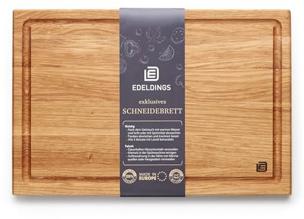 Edeldings skärbräda i högkvalitativ ek med juicespår | stor 30 x 20 cm | Antibakteriell köksbräda från Europa | serveringsbräda, trncherbräda, frukostbräda