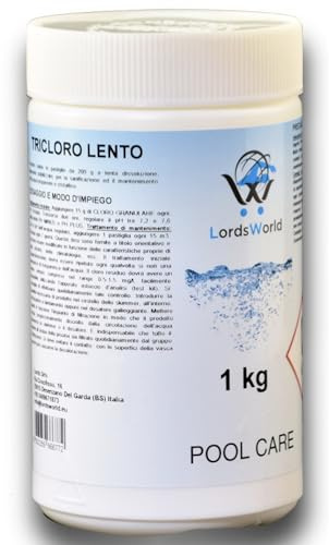 LordsWorld Pool Care – Pastiglie Cloro da 200 Grammi, Tricloro Biocida 90% a Lenta Dissoluzione – Disinfettante per Mantenimento Acqua Piscina Fuori Terra, Spa, Jacuzzi e Piscine Interrate (1Kg)