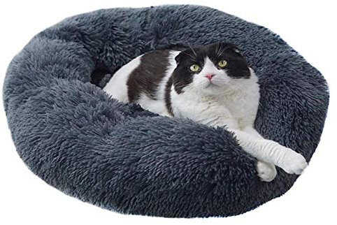 Deluxe Flauschige-Haustierbett für Katzen und kleine bis mittelgroße große Hunde Kuschelig mit weichem Kissen Hundebett Sofa und Kennel Nisthöhle in Doughnut-Form-Diameter 50cm-Dunkelgrau