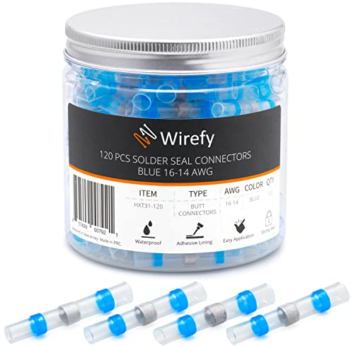Wirefy 120 Pièces Cosses Électriques Thermorétractable à Souder - Cosses Électriques Étanches - Raccordement Bout à Bout Imperméable - Bleues 1,5-2,5 mm²