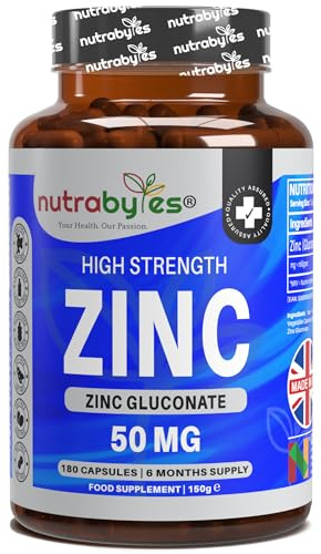 Zinc Capsules 50mg | 180 Capsules | 6 Months Supply | Zinc Supplements for Men & Women, 1-a-Day | No Artificial Flavours | Non-GMO, Vegan & Magnesium Stearate-Free | UK Made | Nutrabytes