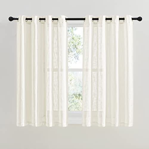 PONY DANCE Leinenoptik Vorhänge im Landhausstil 2er Set H 137 x B 132 cm Gardinen für Küche Deko Vorhang Halbtransparent Dunkelgrau Fenstergardinen, Hellbeige