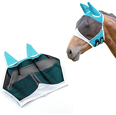 Andiker Masque anti-mouches pour cheval avec oreilles en lycra doux respirant Protection UV (vert) (L)