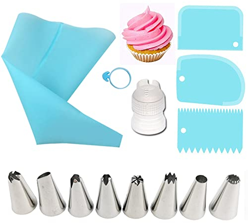 LTLWSH Poches à Douille Pâtisserie – Poche à Douille Réutilisable – Qualité Professionnelle Résistante – Poche en Tissu Facilement Lavable – 8 Douilles en INOX,Bleu