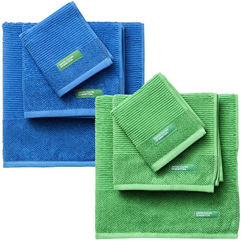 Benetton Pack de 2 - Set de 3 Toallas de Baño, Cada Uno en Color Azul y Otras en Verde