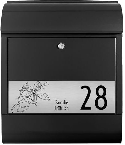banjado Briefkasten personalisiert mit graviertem Namensschild in Edelstahl - Wandbriefkasten Schwarz - Postkasten mit Hausnummer, Namen & Motiv Lilie - Briefkasten mit Zeitungsfach