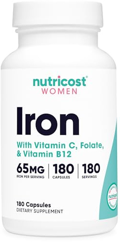 Nutricost Iron for Women 65mg, 180 Capsules, with Vitamin C, Folate, & Vitamin B12 - Vegetarian Friendly, Non-GMO, Gluten Free