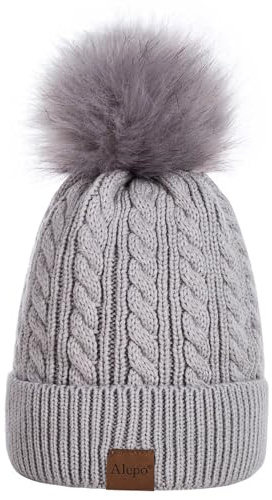 Alepo Damen Mütze Winter Warme Mit Bommel - Beanie Mit Fleece Gefütterte Weiche Skimanschettenmütze (Grau)