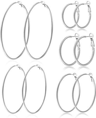 PABBEU 5 Paar Creolen Silber, große Creolen aus Edelstahl leichte Ohrringe Silber hypoallergen dünne silberne Creole für Frauen 30/40/50/60/70 mm
