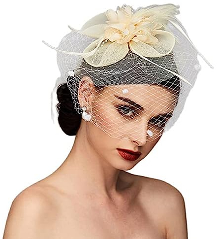 Pillbox Hut Damen Mesh Kopfschmuck mit Blumen Federn Haarschmuck Organza Clip Fascinator Hut Vintage Royal Hochzeitshut Elegant Haarspange Brautschmuck für Mädchen Cocktail Tee Party Kirche Weiß
