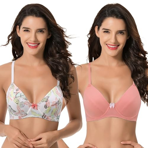 Curve Muse Mujeres Talla Grande Algodón Sin Forro Balconette Sujetadores con Aros-Paquete de 2-Cream/Coral/Yellow,Coral-125B