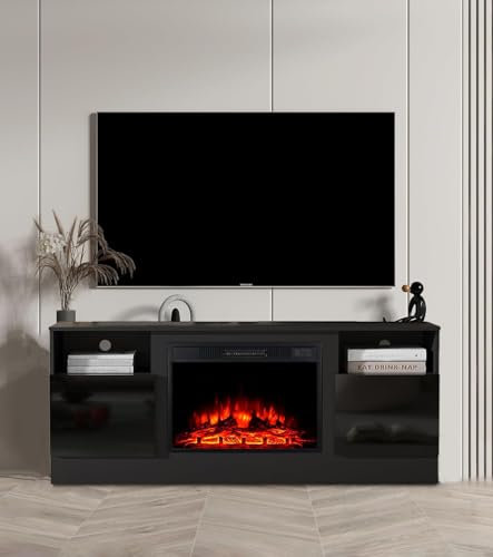 MachenFlame Mueble de TV con 23 Pulgadas Chimenea eléctrica,Centro de Entretenimiento con Tira de luz LED, Consola de TV para salón con Almacenamiento,Negro,147.3CM
