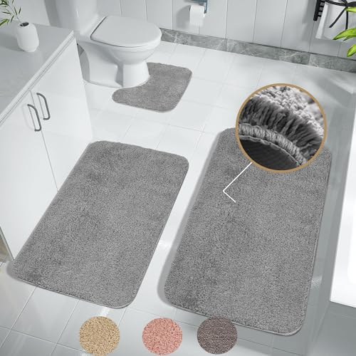 Achiiso Badematte,Grau Badgarnitur 3 Teilig,rutschfeste Badematten & Badteppiche,Badvorleger rutschfest Waschbar,Mikrofaser Super Dicker Bad Teppich(Grau,U40x50+50x60+50x80cm)