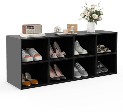 HOMASIS Schuhbank mit 8 Fächern, Schuhschrank mit Sitzfläche, Schuhregal Holz 230kg belastbar, Sitzbank Schuhorganizer Schuhablage für Eingang, Flur, Wohnzimmer, 102 x 30 x 41 cm (Schwarz)
