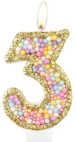 Macaron-Kerzen zum 3. Geburtstag, goldene Zahl 3 für Kuchen, farbige Perlenkerzen, Macaron-Themen-Geburtstagsdekorationen, Wunderkerze, Kuchenaufsatz für Mädchen und Jungen, Geburtstagsparty-Zubehör