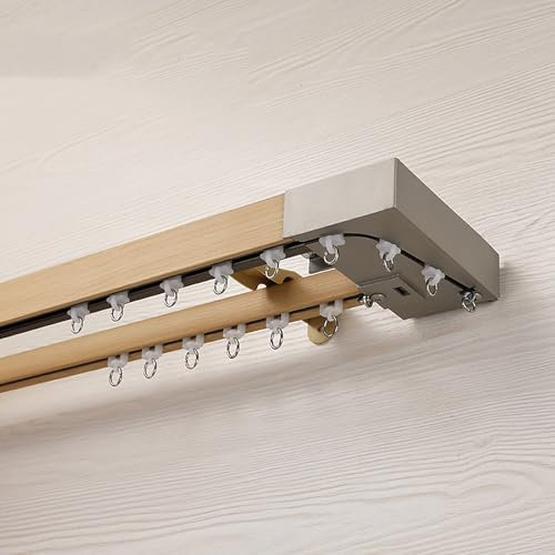 Vorhangkasten mit Holzimitation Doppelte Vorhangschiene 2-läufige Gardinenschiene, Vorhangschiene mit stummen Rollen Gardinenstange aus Aluminium Wandmontage(Beige,4.4m(14.4ft))
