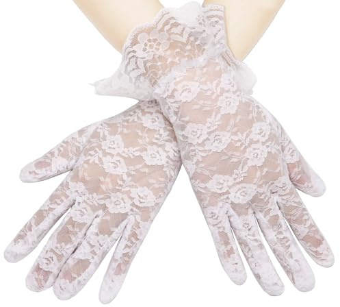 Long Keeper 1 Paire Gants Courts en Dentelle Noir Blanc Rouge Elégant Gants Mariage en Dentelle Fleur avec Doigts pour Dîner Fête Thé Bal de Halloween Costume (Blanc)