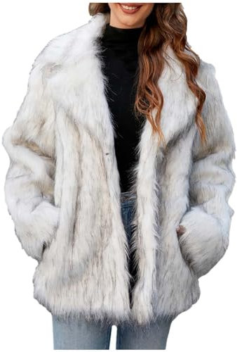 Komiseup Fleecejacke Damen, Winterjacke Damen Kurze Winter Pelzmantel Elegant Kunstpelz Jacke Offener Front Wintermantel Dick Plüschjacke mit Kapuze Faux Pelz Coat Warme Kunstfell Oberbekleidung 26