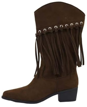 Bottes de cowboy à franges pour femme, bottes occidentales mi-mollet pour femme avec talon épais et franges à pampilles, bottes de cowgirl élégantes finition en daim confortables pour les festivals et