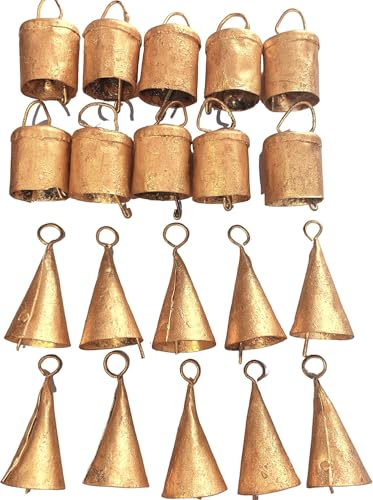 ZIG ZAG Vintage Tin Cow Bells (Pack of 20) Handmade Rustic Jingle Bells for Christmas Tree Decoration, Crafts & Birthday Party Decor, Size 2 inch, Gold