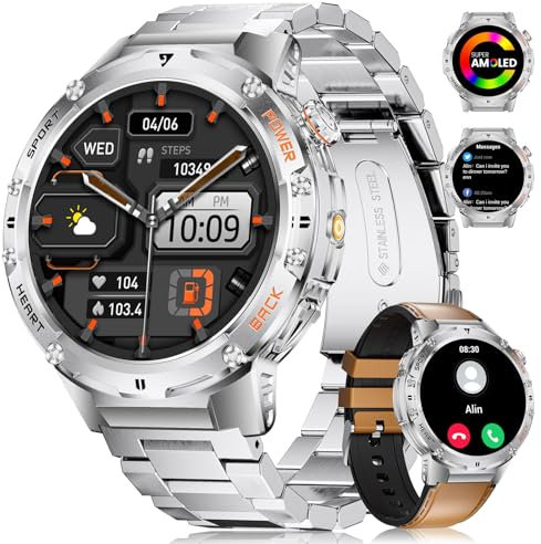 ESFOE 2025 Reloj Inteligente Hombre con Linterna,530mAh,1.43 AMOLED Smartwatch Hombre Militar con 5ATM Impermeable,132 Modos Deporte,Podómetro,Resistente Smart Watch Redondo con Llamadas Bluetooth