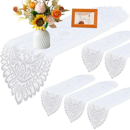 Windkream 6 Pack Crochet Lace Table Runner Lace Doilies for Furniture Tables Cotton Rustic Dresser Scarf Doilies for Wedding Party Home Dining Runner Decorations(White,13 X 45)