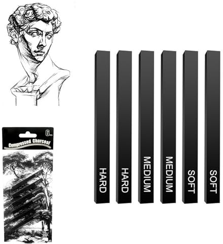 Febbya Professionelle Zeichenkohle Set,6 Stück Premium Kohlestifte zum Skizzieren Zeichnen & Kunstdesign - Rechteckige Sketch Charcoal Pencils mit Hochwertiger Kompression(Weich/Mittel/Hart)