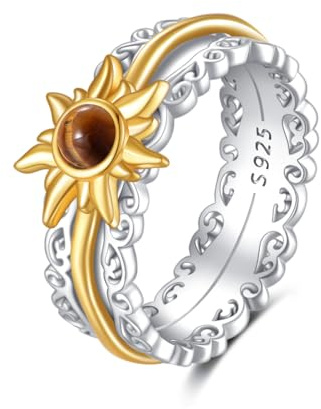 POPLYKE Gold Plated 925 Sterling Silver Sun Fidget Rings for Anxiety Tiger Eye Spinner Rings for Women Anti Stress Mood Rings Gifts Band Wide