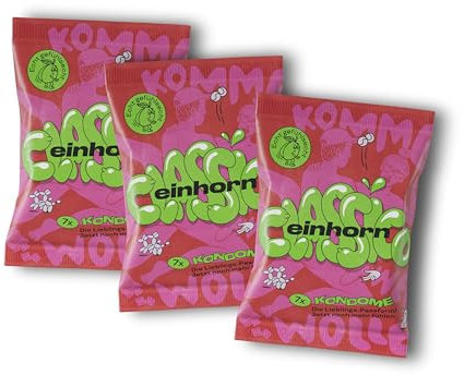einhorn Kondome I 21 Kondome Monatsration Classico I Standardgröße 54 mm I Überraschungsdesign + Extras I Vegan, Hormonfrei, Feucht, Geprüft