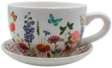 Dekohjälten24 blomkruka, växtkopp, planteringskruka, blomkruka, blomkruka, blomkruka. Ytterkruka som kopp med keramisk handtag, motiv: Blomäng, L/B/H 20 x 15 x 12 cm.