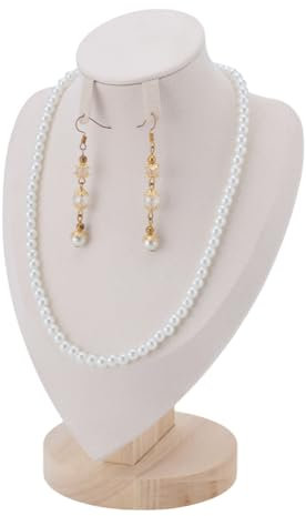 arricraft 1 Pcs Bust Necklace Earring Display Stands, White Velvet Bust Shaped Necklace Display Stands with Wood Pedestal Wooden Jewelry Portrait Display Organizer for Home Store