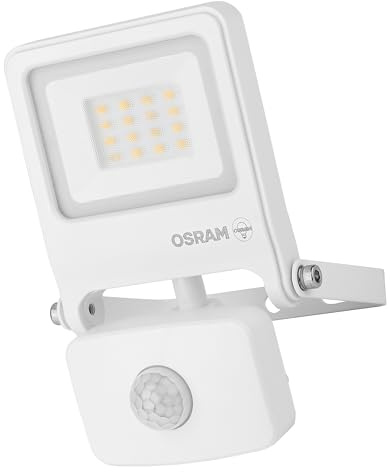 OSRAM ENDURA FLOOD PC 10W LED-strålkastare med sensor, 3000K varmvit, 1000 lumen, IP44 vit strålkastare, IR-sensor, 9m, tids-/luxfunktion, vit