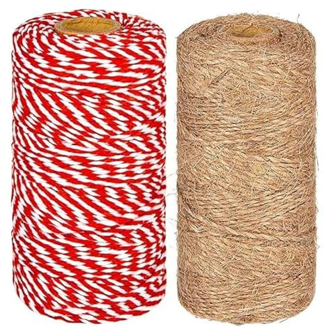 Set di decorazioni natalizie, 10 m di filo di cotone rosso e bianco + 10 m di corda di iuta naturale, 20 g, per fai da te e confezioni regalo