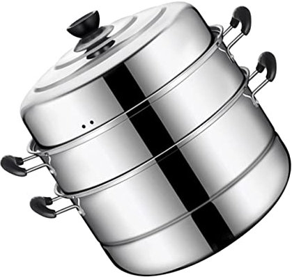 BEBEMOKO Vaporera De Acero Inoxidable 28 Cm Triple Capa Fondo Reforzado, Compatible Estufas De Gas y Eléctricas, Ollas De Vapor Para Cocina Casera y Sopa, Multiusos Para Alimentos Al Vapor
